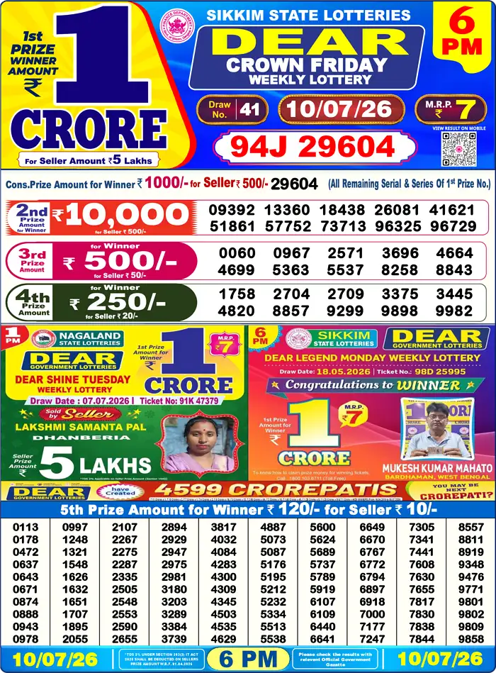 Sikkim State Dear Crown Friday lottery result 10.07.2026