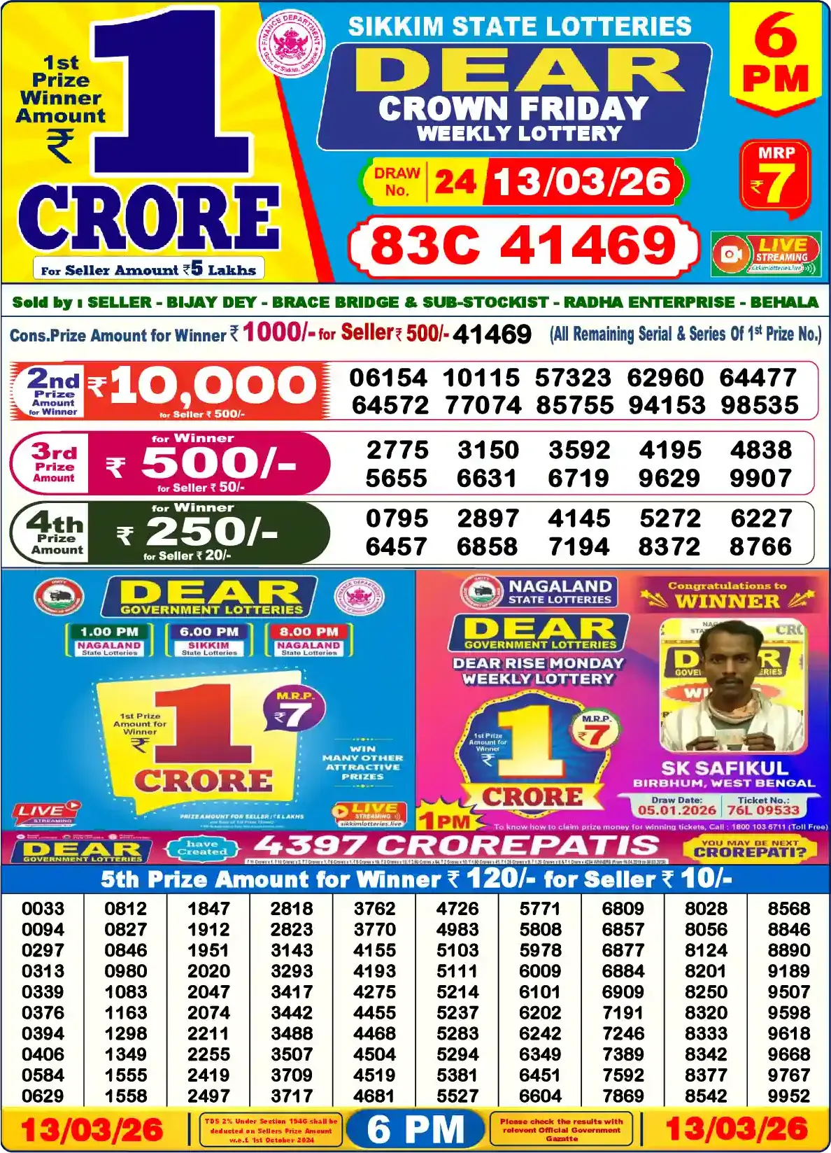 Sikkim State Dear Crown Friday lottery result 13.03.2026