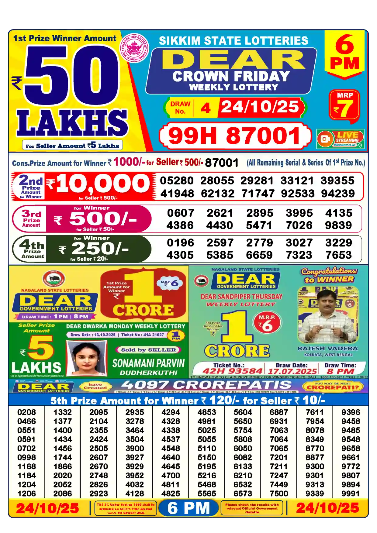 Sikkim State Dear Crown Friday lottery result 24.10.2025