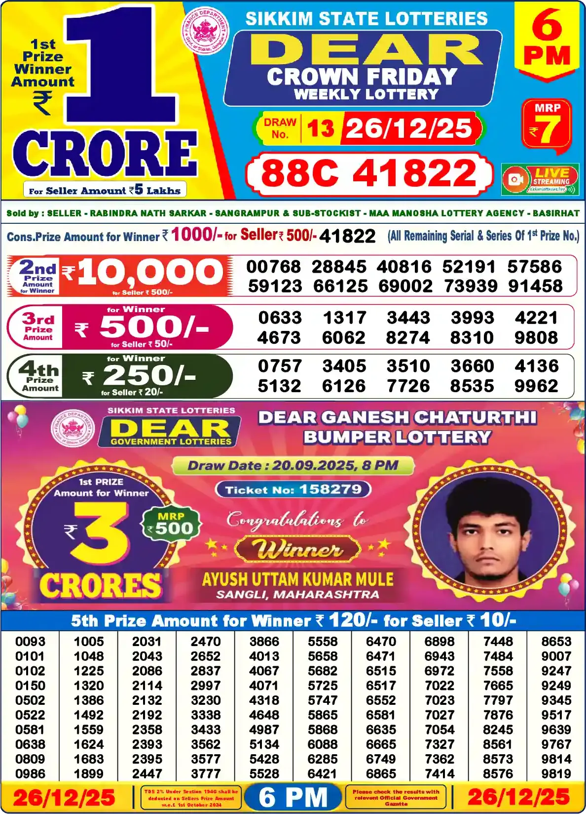 Sikkim State Dear Crown Friday lottery result 26.12.2025