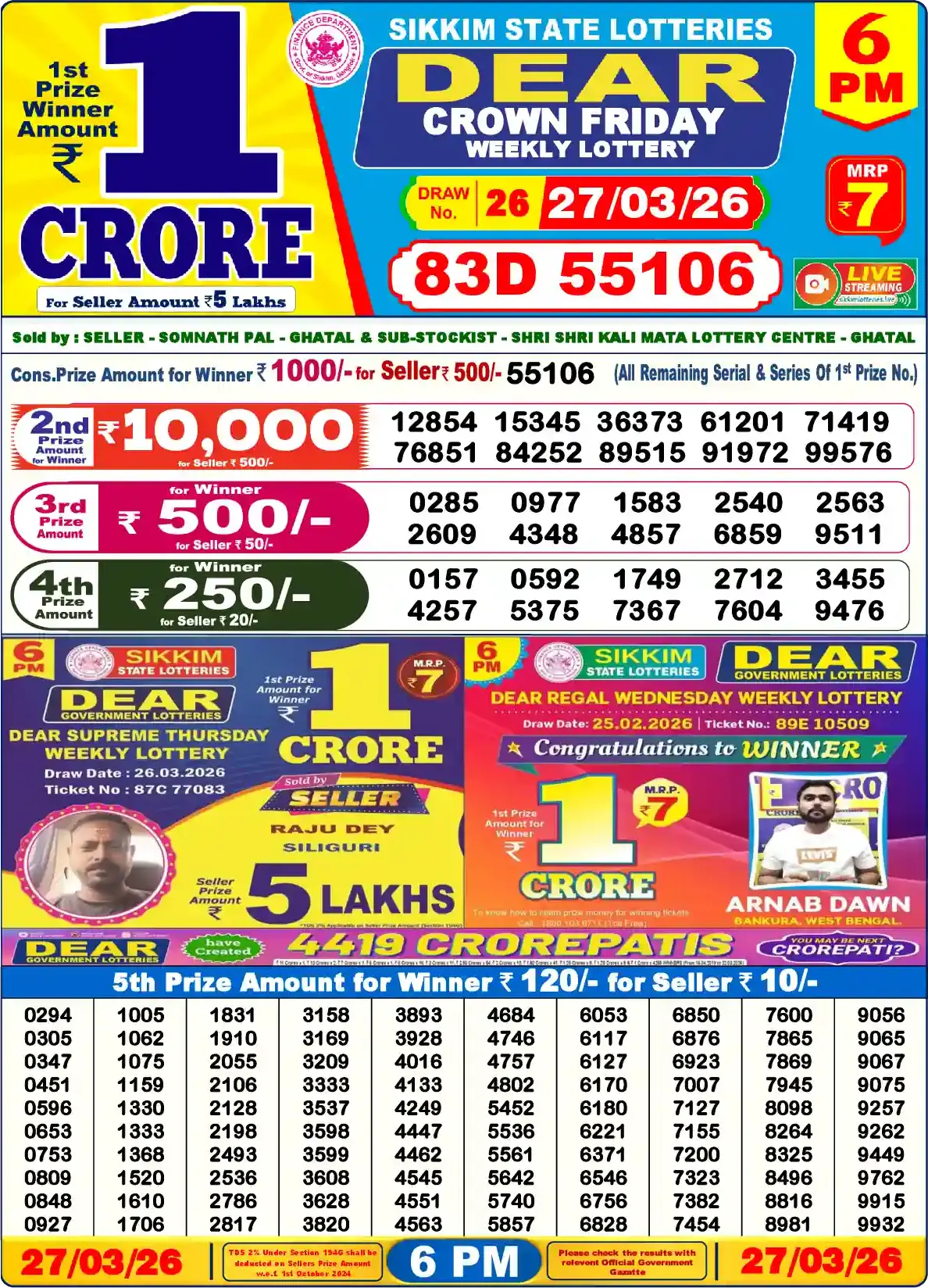 Sikkim State Dear Crown Friday lottery result 27.03.2026