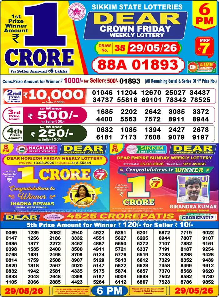 Sikkim State Dear Crown Friday lottery result 29.05.2026