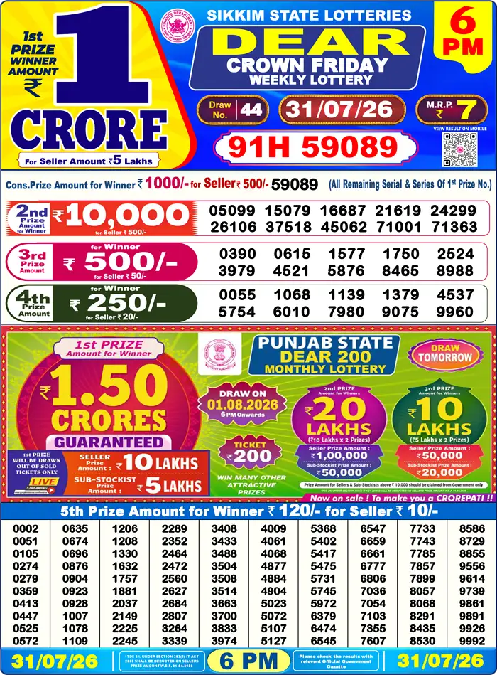 Sikkim State Dear Crown Friday lottery result 31.07.2026