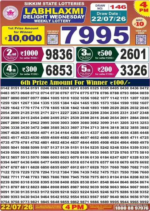 Sikkim State Labhlaxmi Delight Wednesday lottery result 22.07.2026