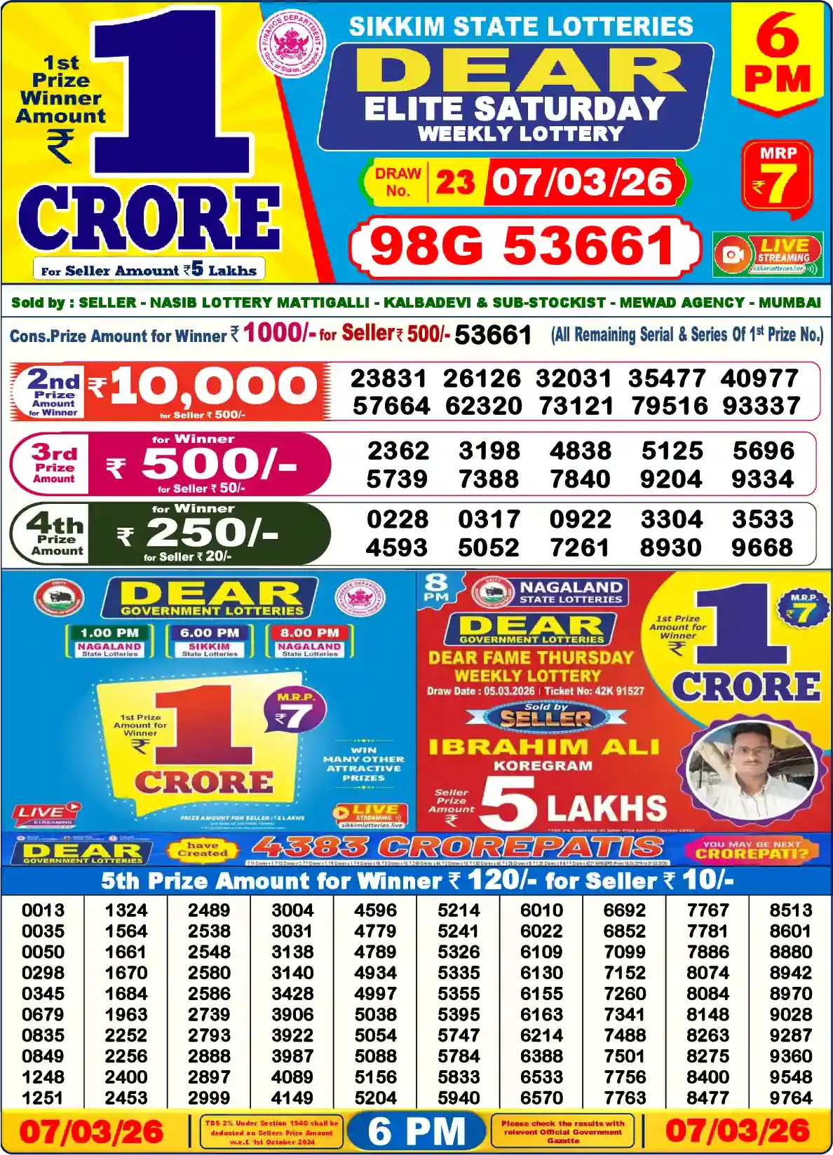 Sikkim State Dear Elite Saturday lottery result 07.03.2026