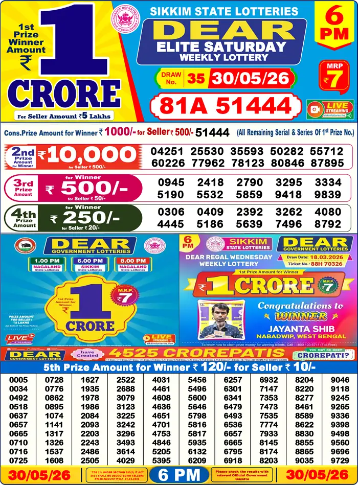 Sikkim State Dear Elite Saturday lottery result 30.05.2026