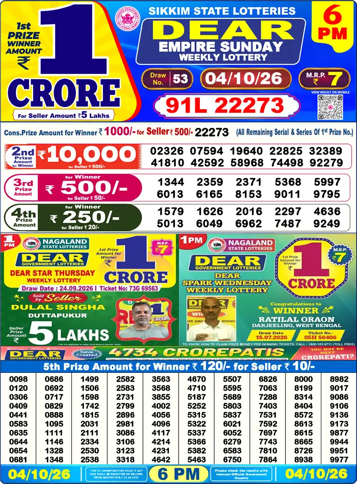 Sikkim State Dear Empire Sunday lottery result 04.10.2026
