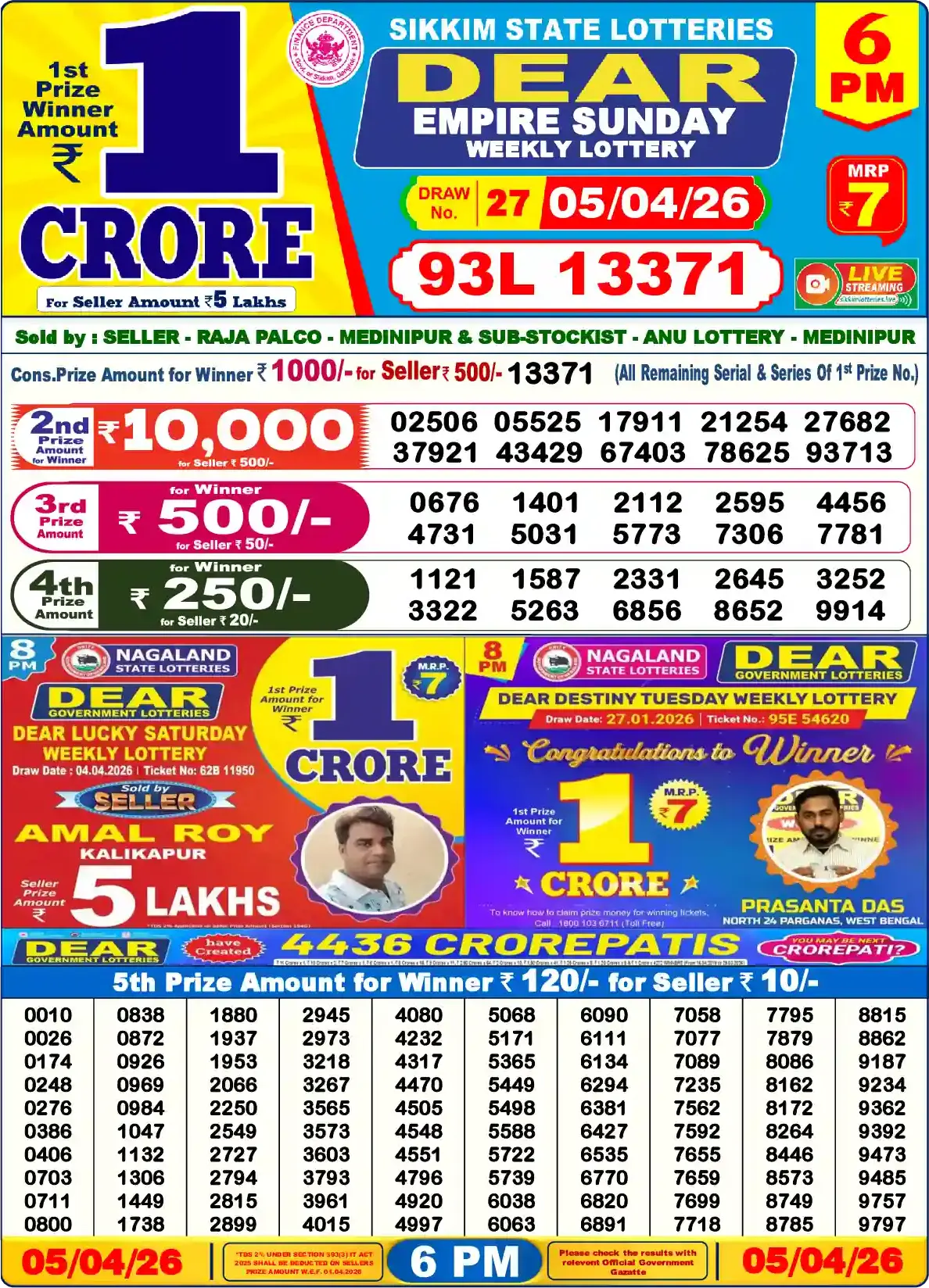 Sikkim State Dear Empire Sunday lottery result 05.04.2026