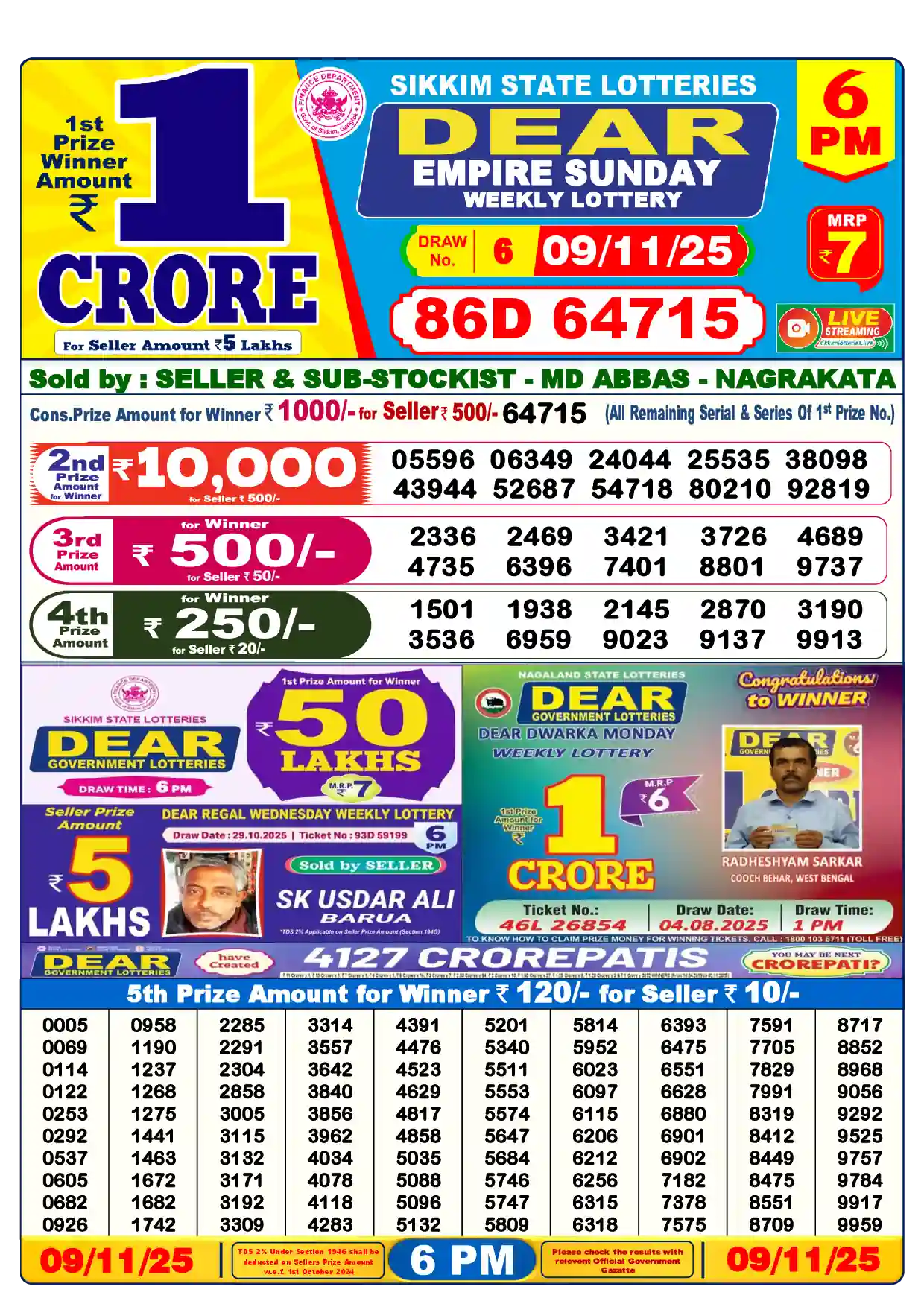 Sikkim State Dear Empire Sunday lottery result 09.11.2025