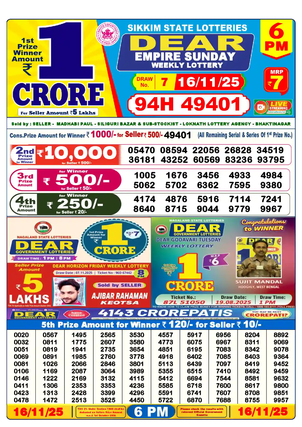 Sikkim State Dear Empire Sunday lottery result 16.11.2025