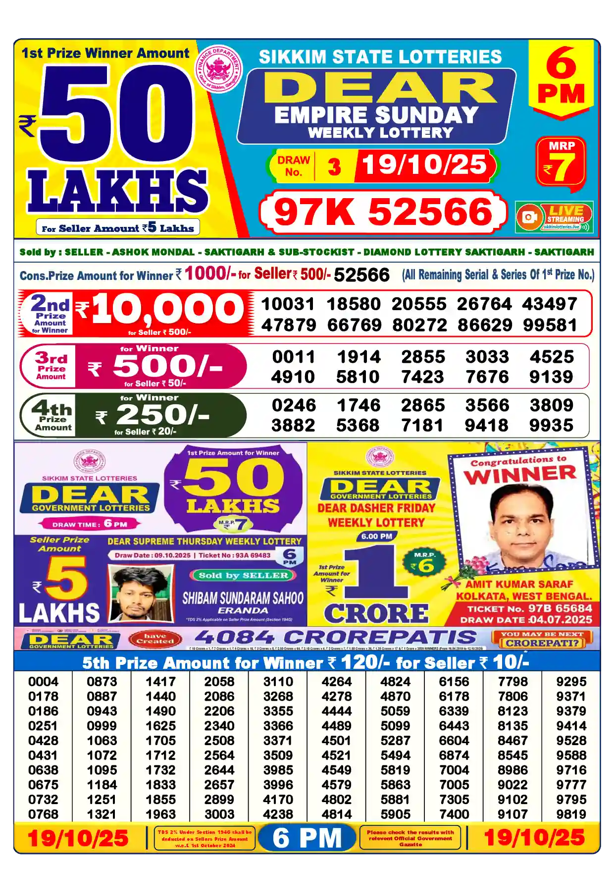 Sikkim State Dear Empire Sunday lottery result 19.10.2025