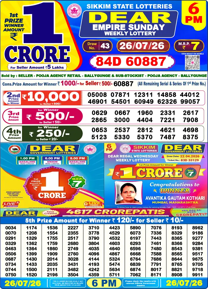 Sikkim State Dear Empire Sunday lottery result 26.07.2026