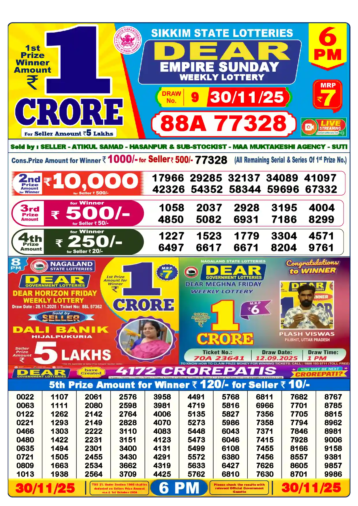 Sikkim State Dear Empire Sunday lottery result 30.11.2025