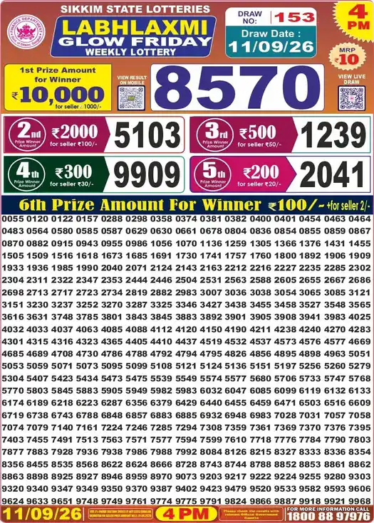 Sikkim State Labhlaxmi Glow Friday lottery result 11.09.2026