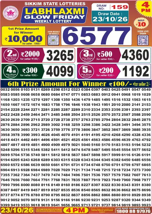 Sikkim Labhlaxmi 4 PM (23-10-2026), first prize 6577