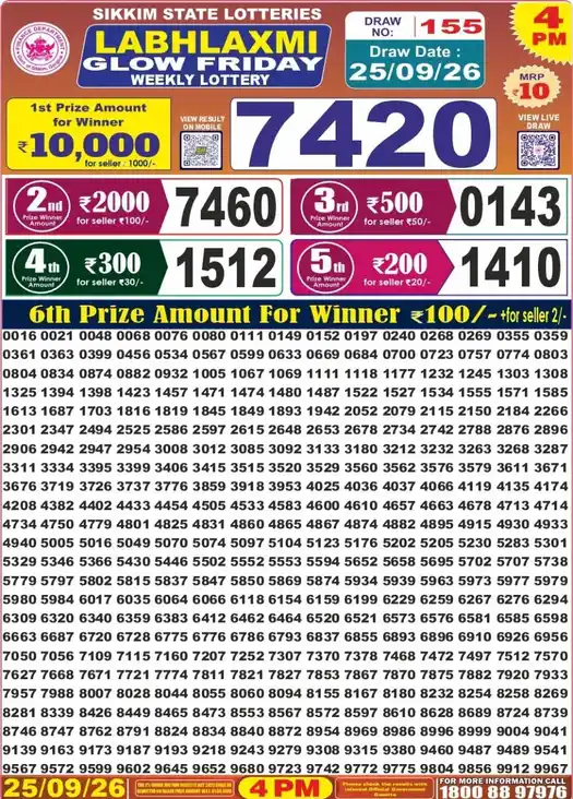 Sikkim State Labhlaxmi Glow Friday lottery result 25.09.2026