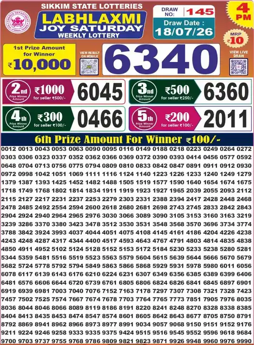 Sikkim State Labhlaxmi Joy Saturday lottery result 18.07.2026