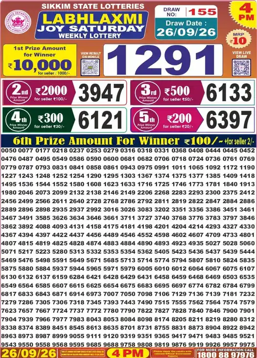 Sikkim State Labhlaxmi Joy Saturday lottery result 26.09.2026