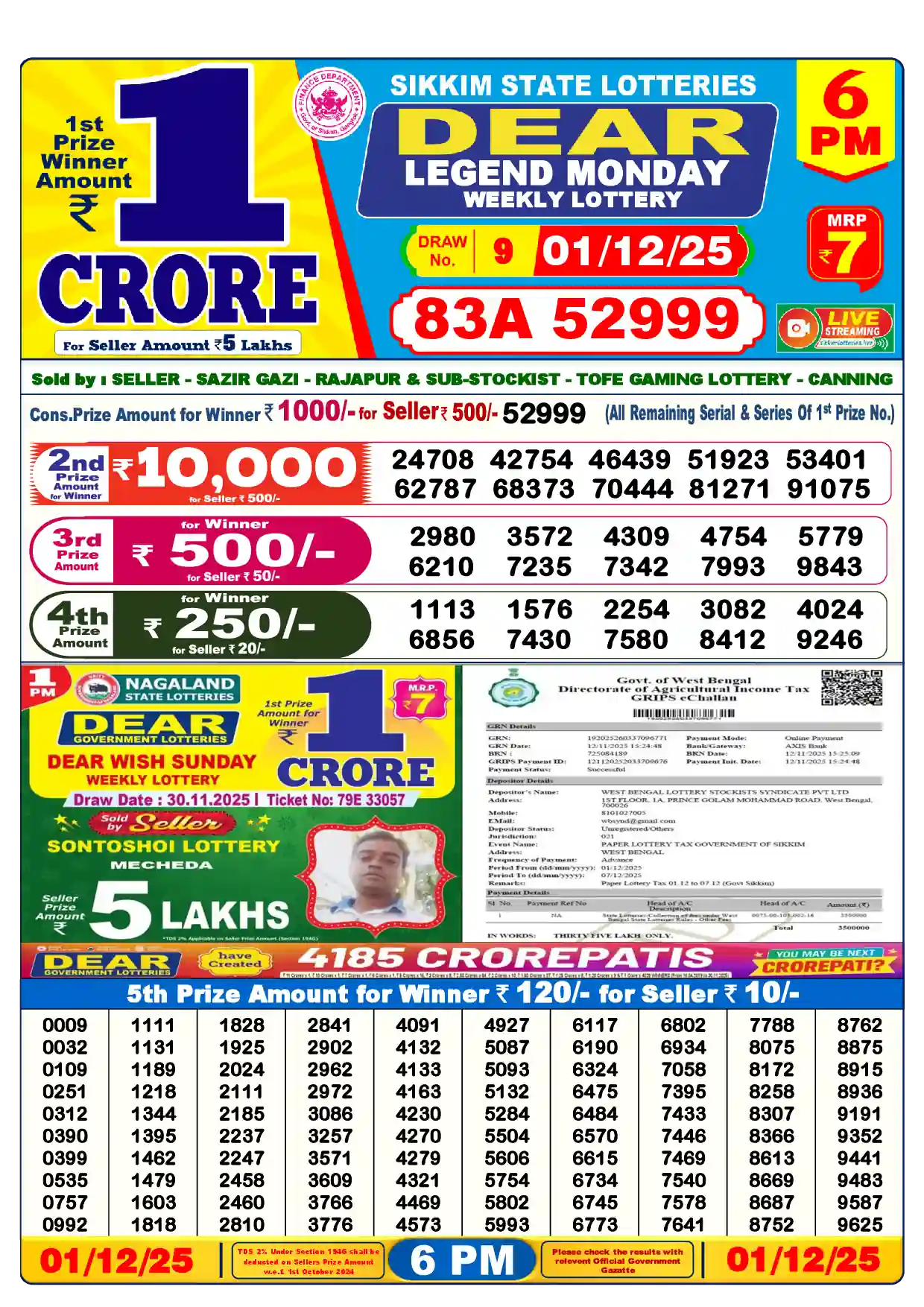 Sikkim State Dear Legend Monday lottery result 01.12.2025