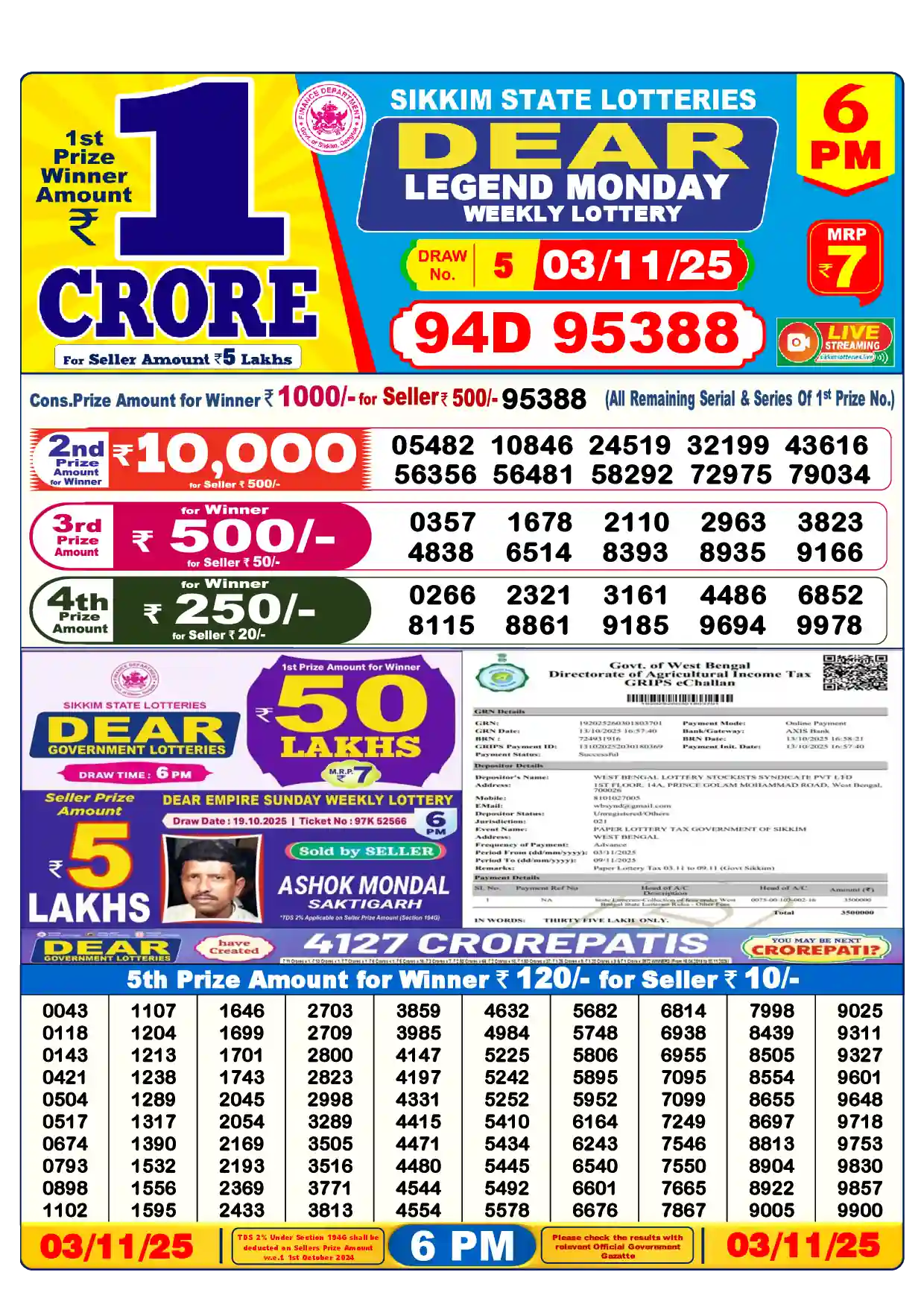 Sikkim State Dear Legend Monday lottery result 03.11.2025
