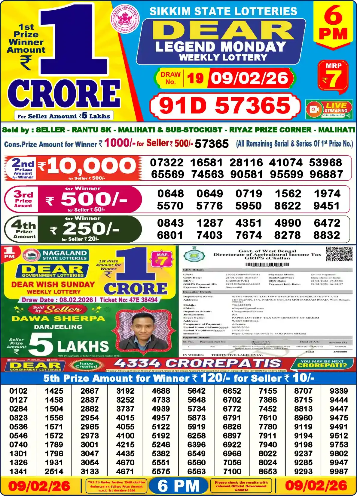 Sikkim State Dear Legend Monday lottery result 09.02.2026