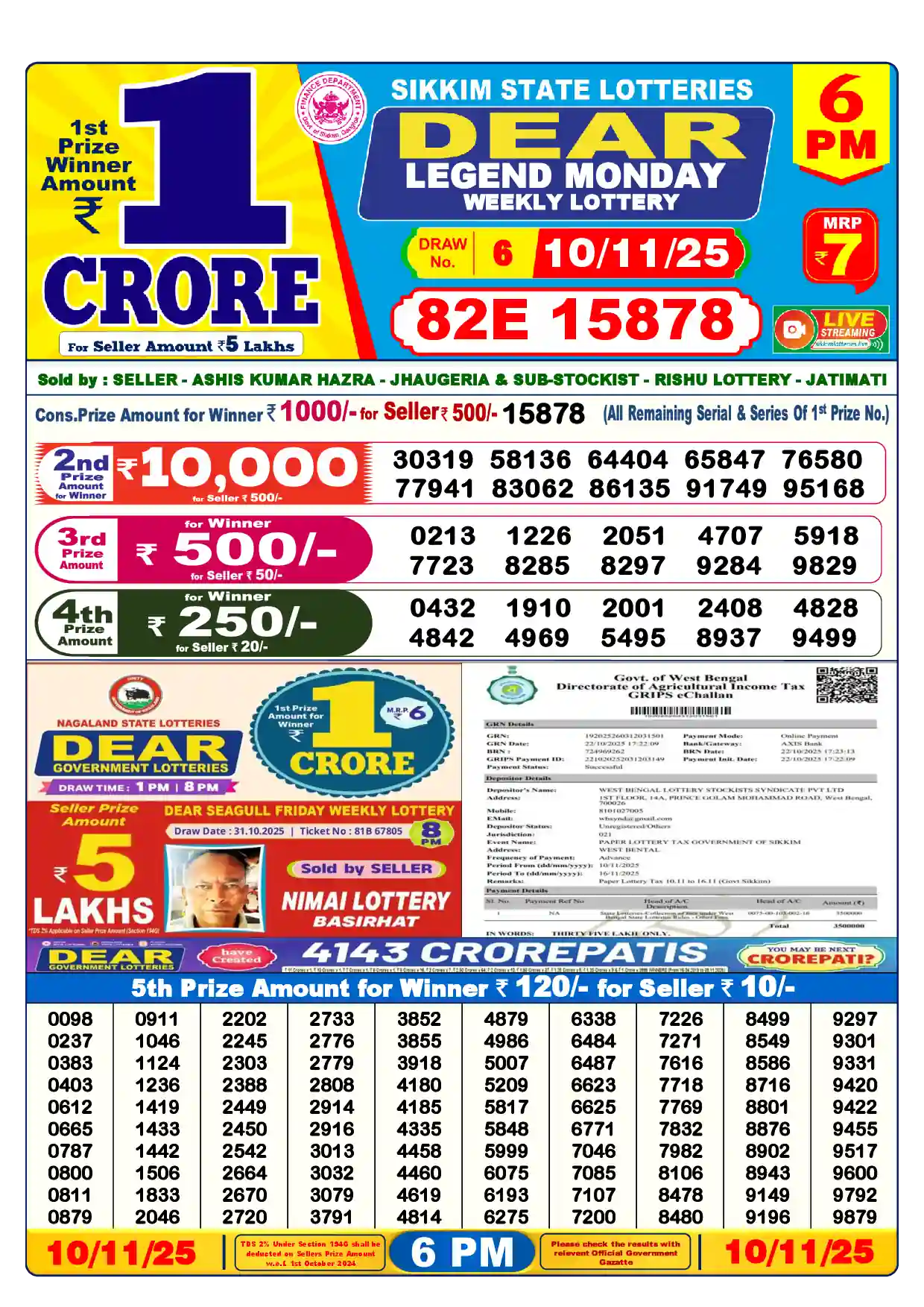 Sikkim State Dear Legend Monday lottery result 10.11.2025