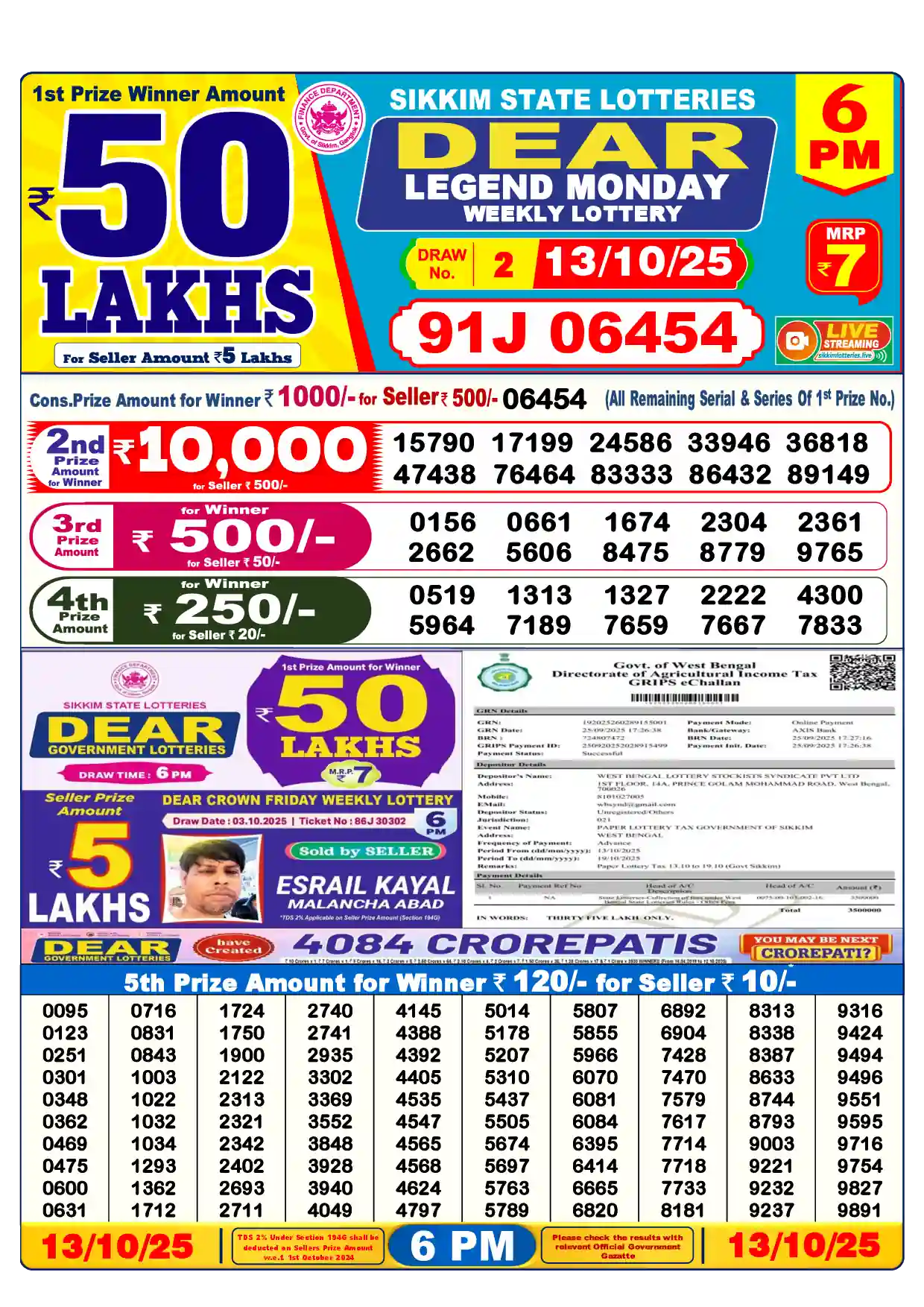 Sikkim State Dear Legend Monday lottery result 13.10.2025