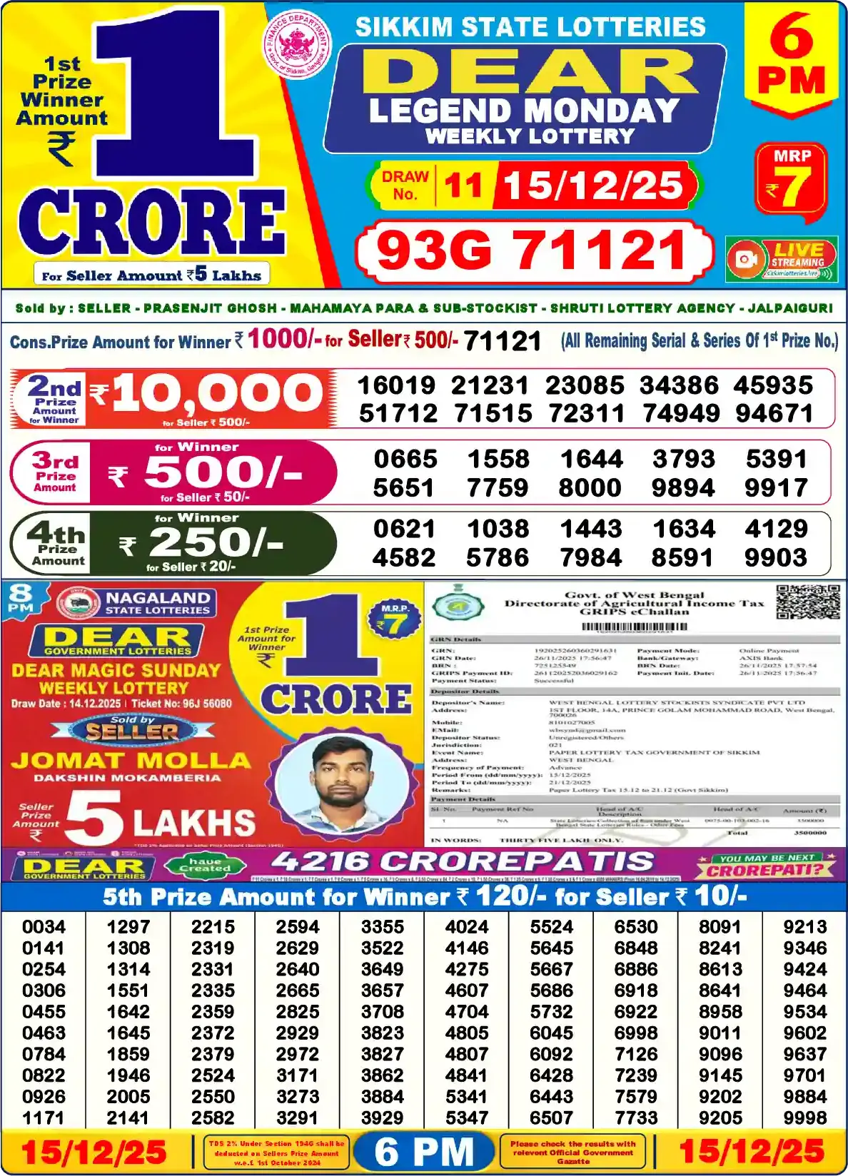 Sikkim State Dear Legend Monday lottery result 15.12.2025