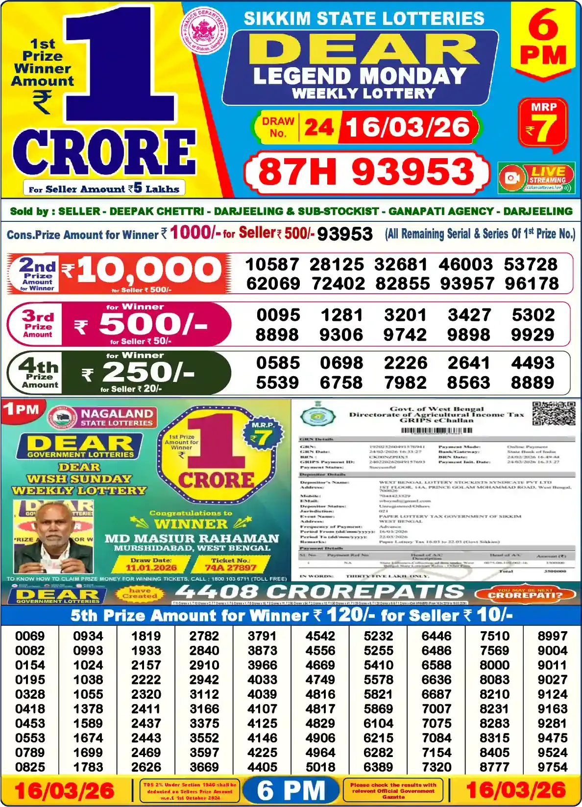 Sikkim State Dear Legend Monday lottery result 16.03.2026