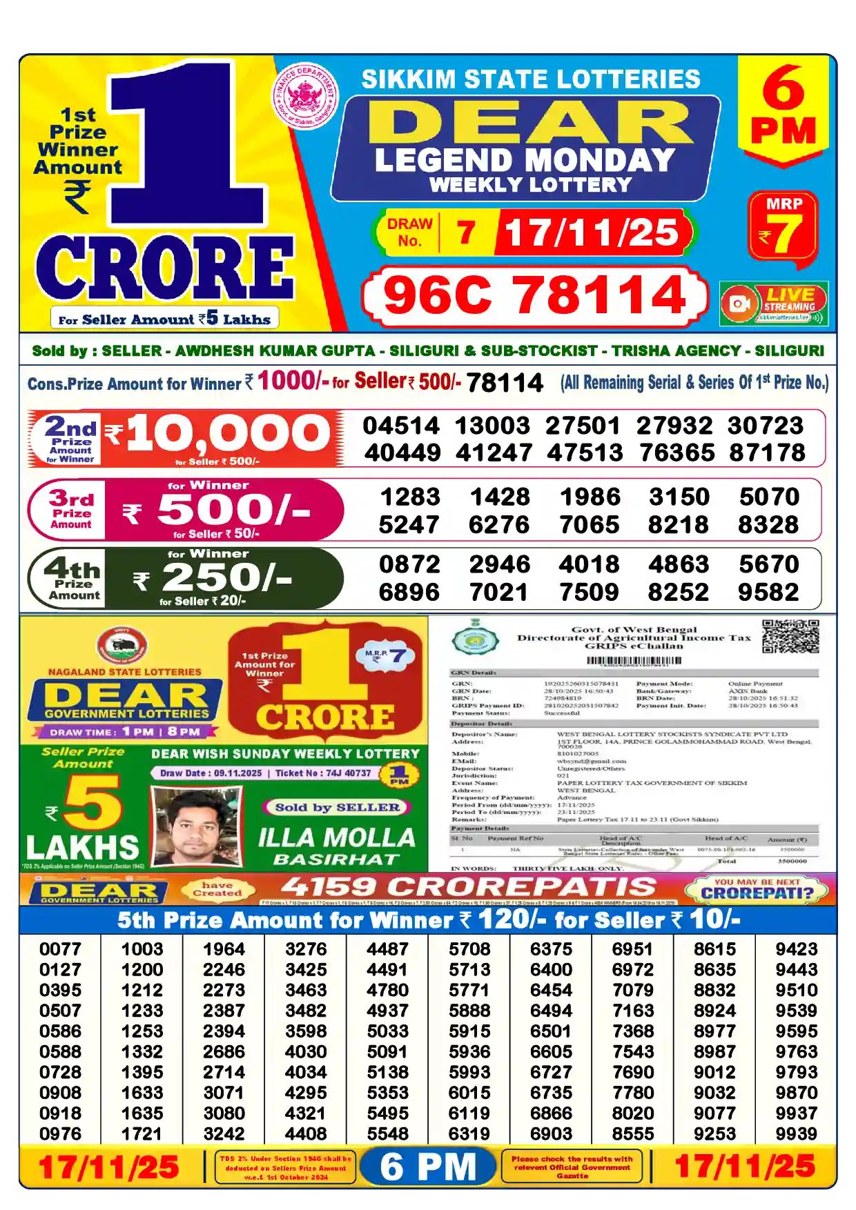 Sikkim State Dear Legend Monday lottery result 17.11.2025
