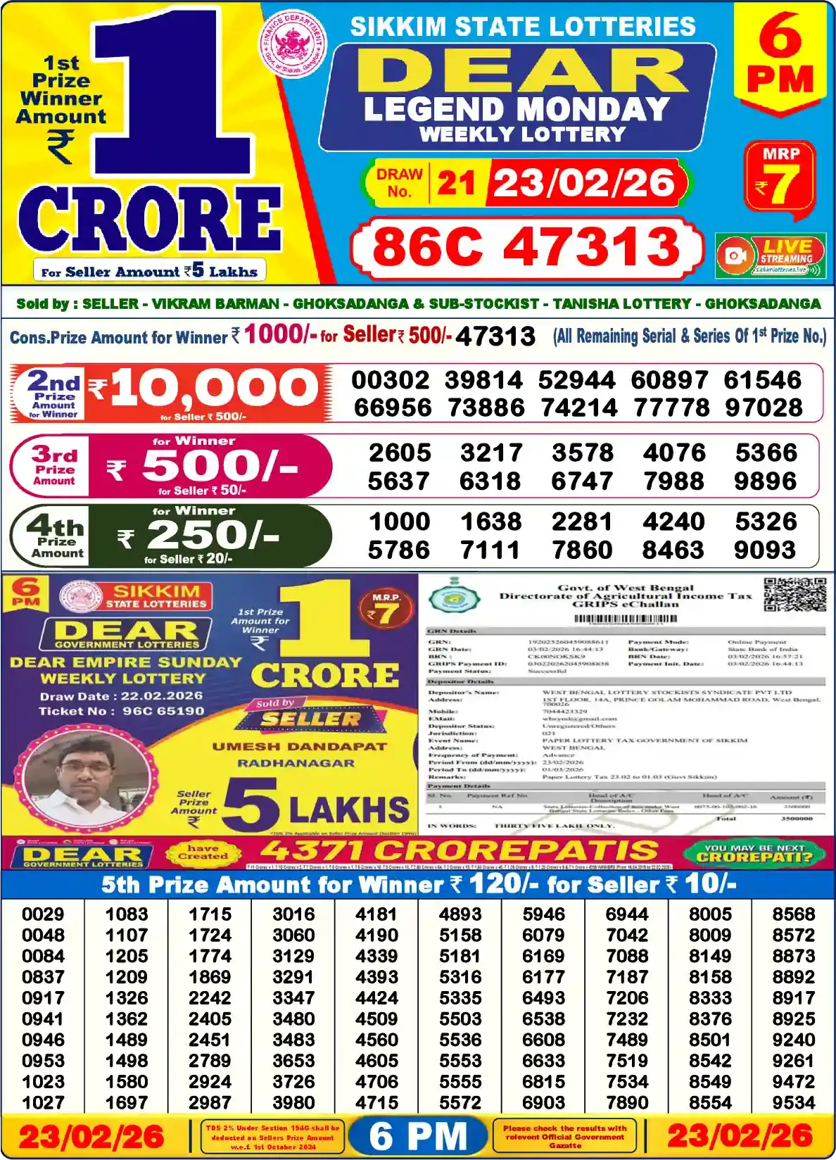 Sikkim State Dear Legend Monday lottery result 23.02.2026