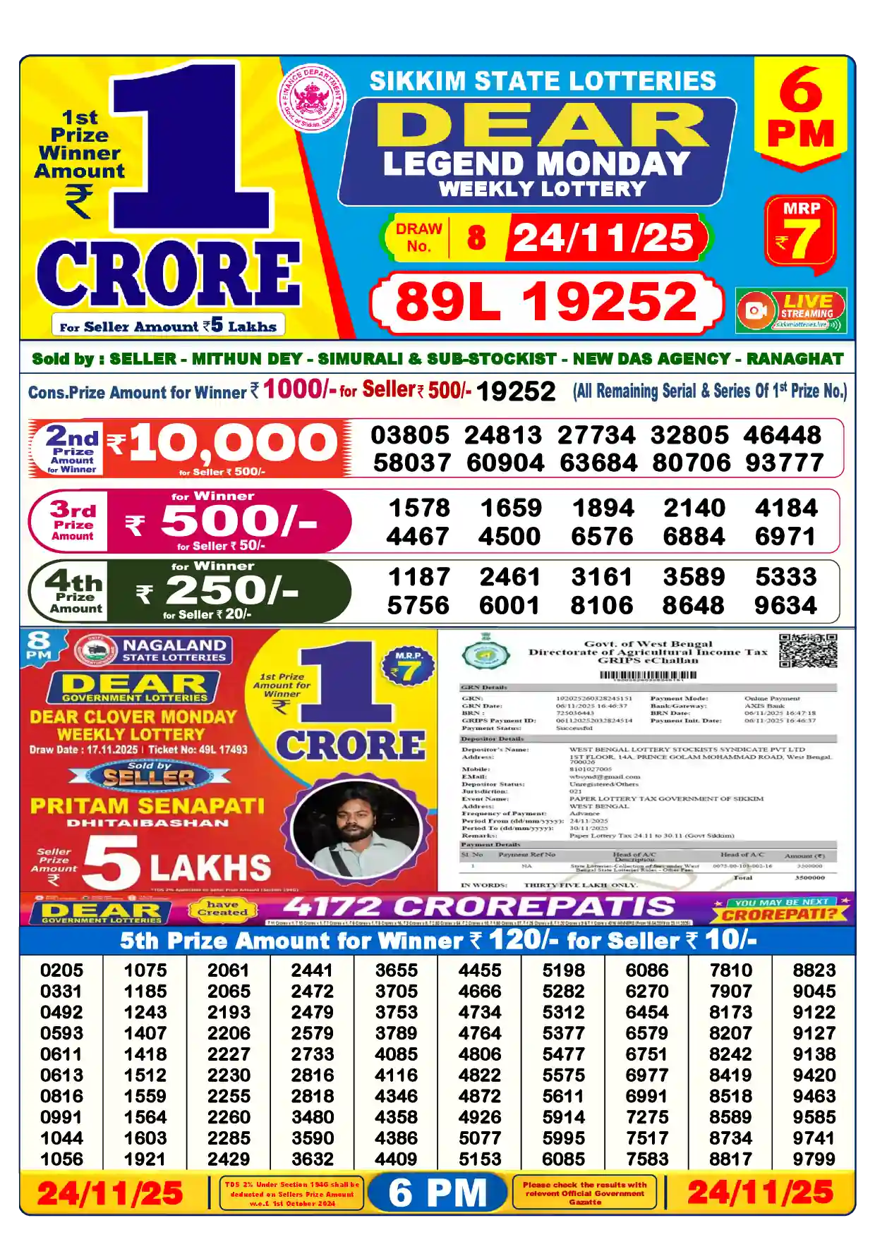 Sikkim State Dear Legend Monday lottery result 24.11.2025