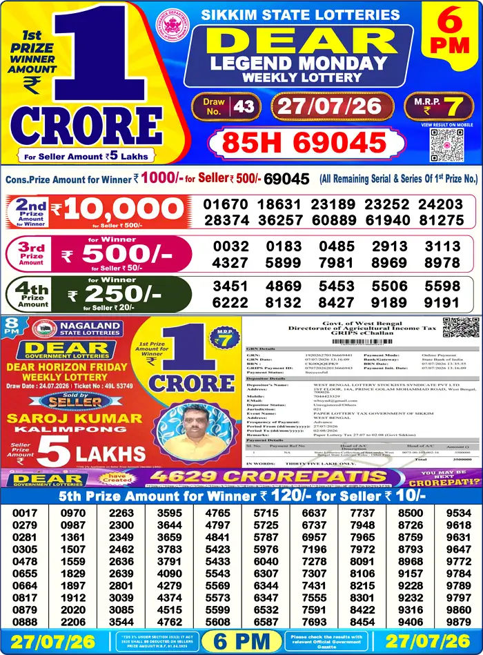 Sikkim State Dear Legend Monday lottery result 27.07.2026