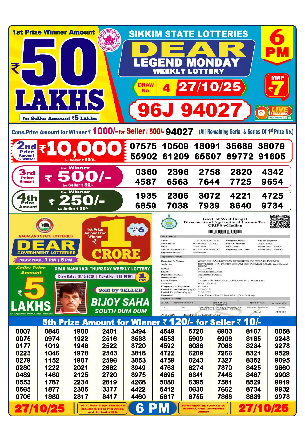 Sikkim State Dear Legend Monday lottery result 27.10.2025