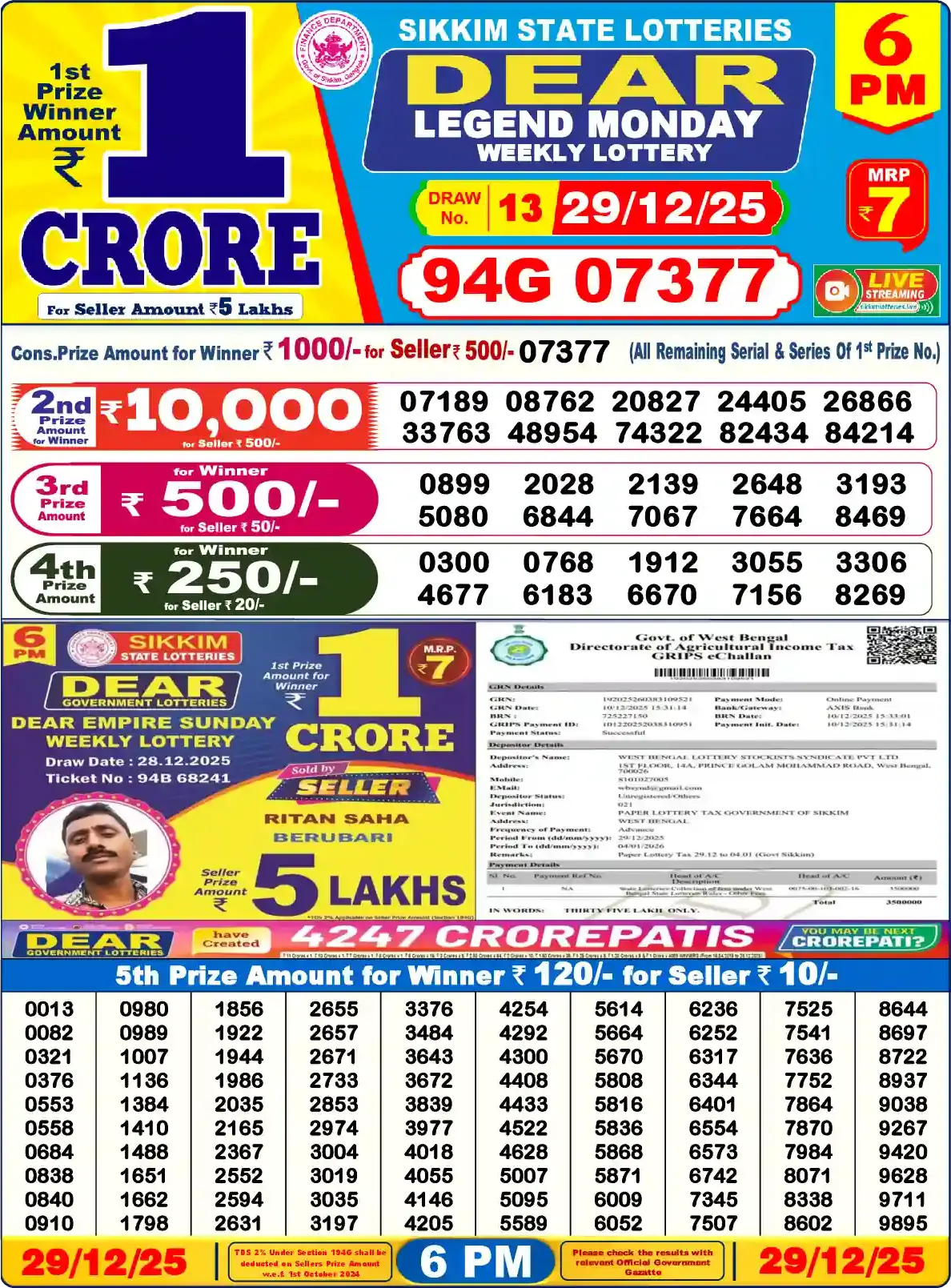 Sikkim State Dear Legend Monday lottery result 29.12.2025