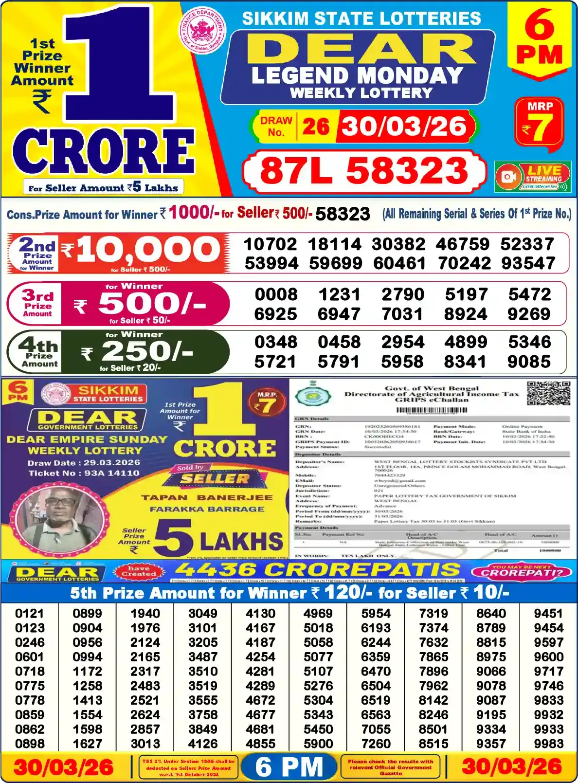Sikkim State Dear Legend Monday lottery result 30.03.2026
