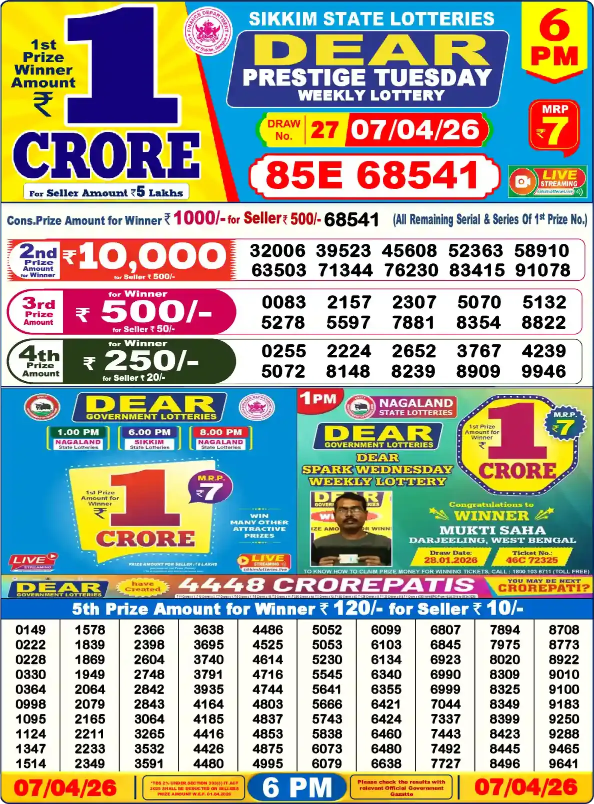 Sikkim State Dear Prestige Tuesday lottery result 07.04.2026