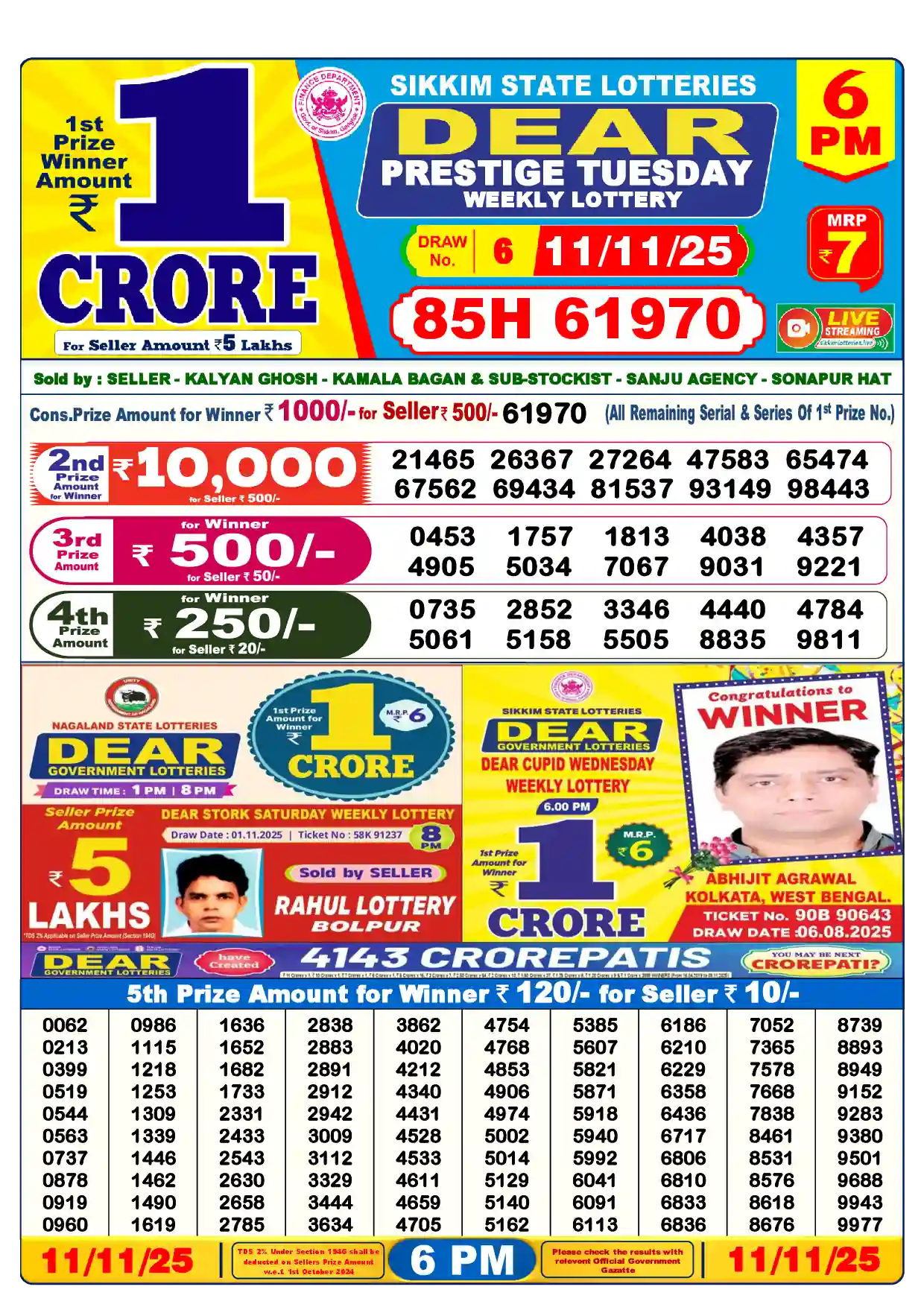 Sikkim State Dear Prestige Tuesday lottery result 11.11.2025