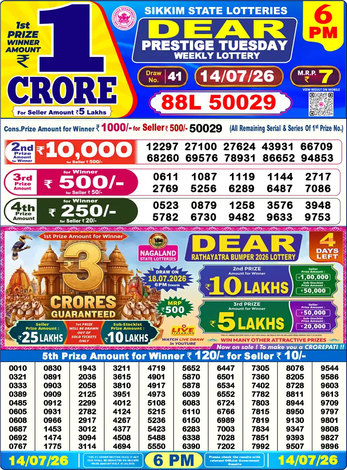 Sikkim State Dear Prestige Tuesday lottery result 14.07.2026