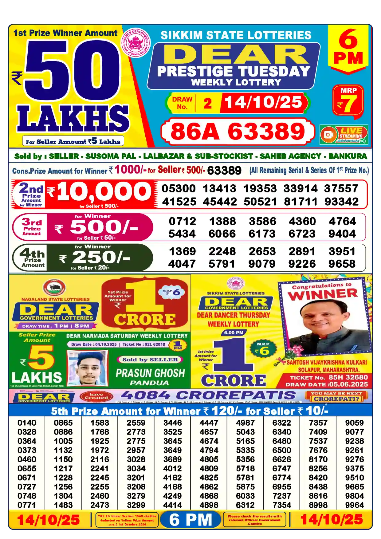 Sikkim State Dear Prestige Tuesday lottery result 14.10.2025