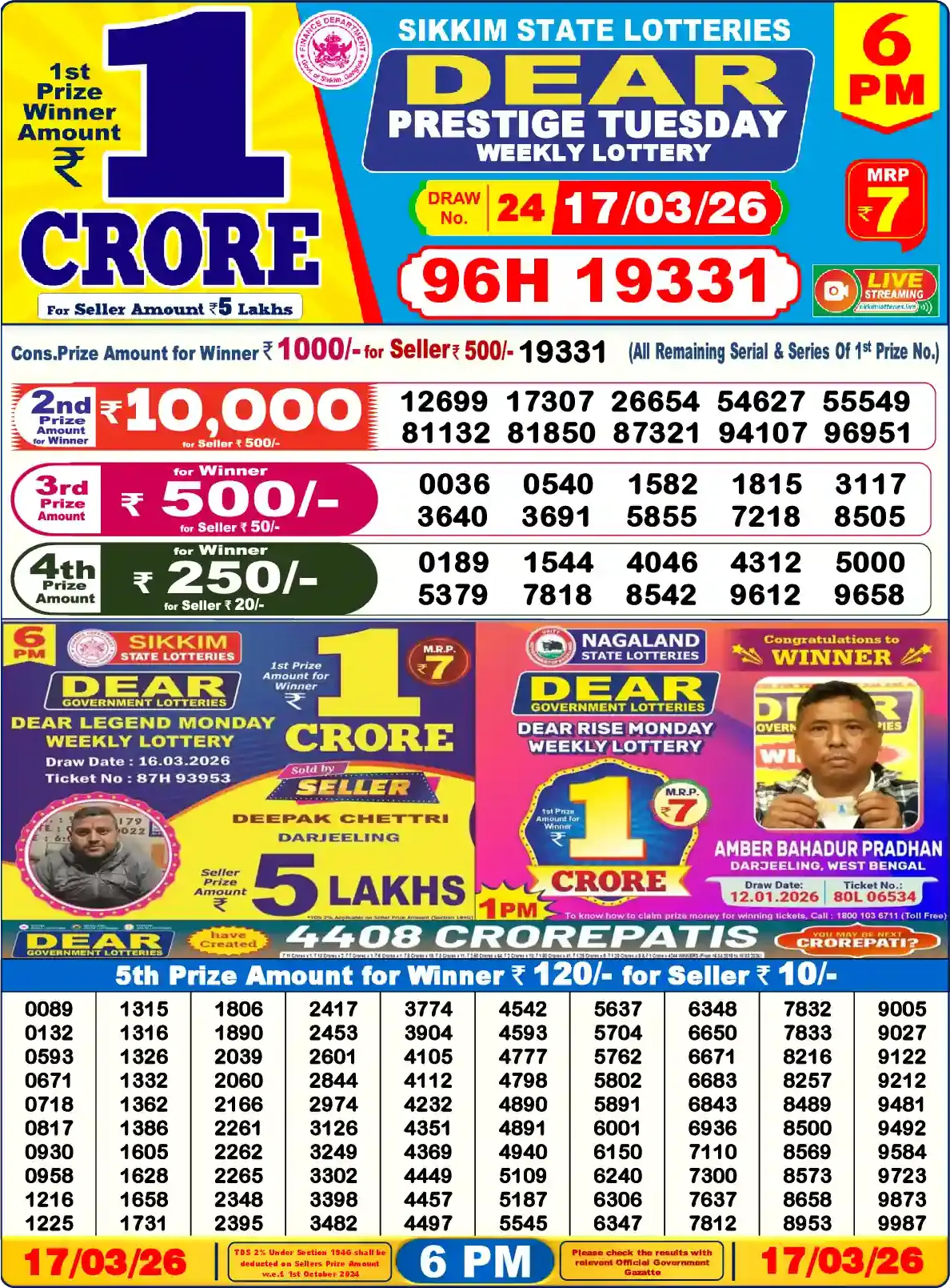 Sikkim State Dear Prestige Tuesday lottery result 17.03.2026