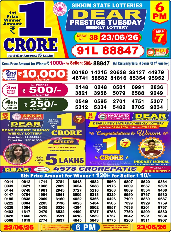 Sikkim State Dear Prestige Tuesday lottery result 23.06.2026