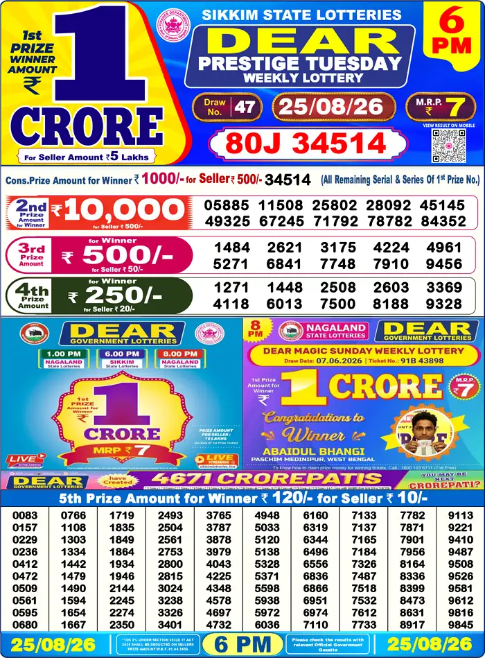 Sikkim State Dear Prestige Tuesday lottery result 25.08.2026