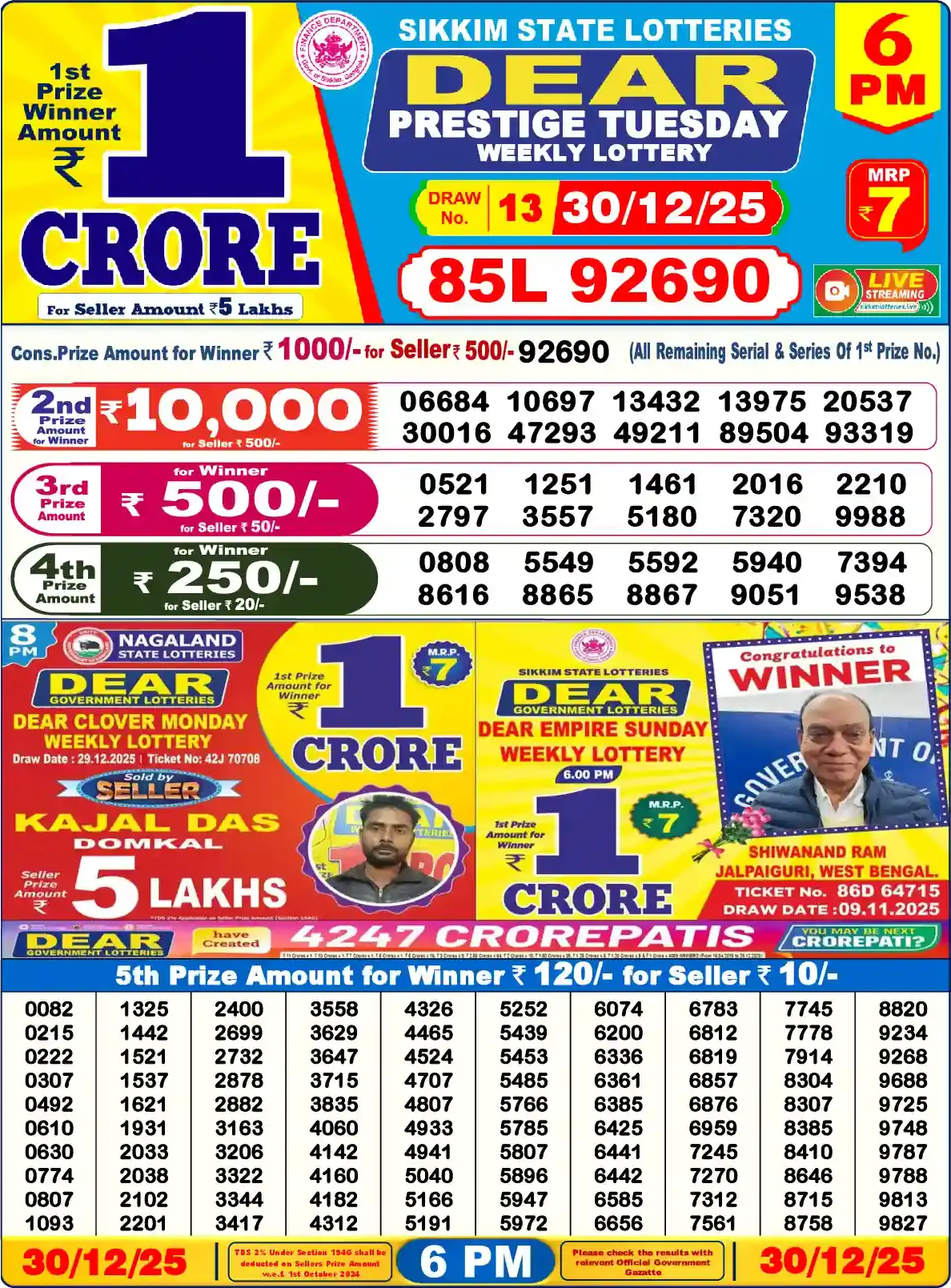 Sikkim State Dear Prestige Tuesday lottery result 30.12.2025