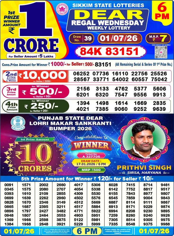 Sikkim State Dear Regal Wednesday lottery result 01.07.2026