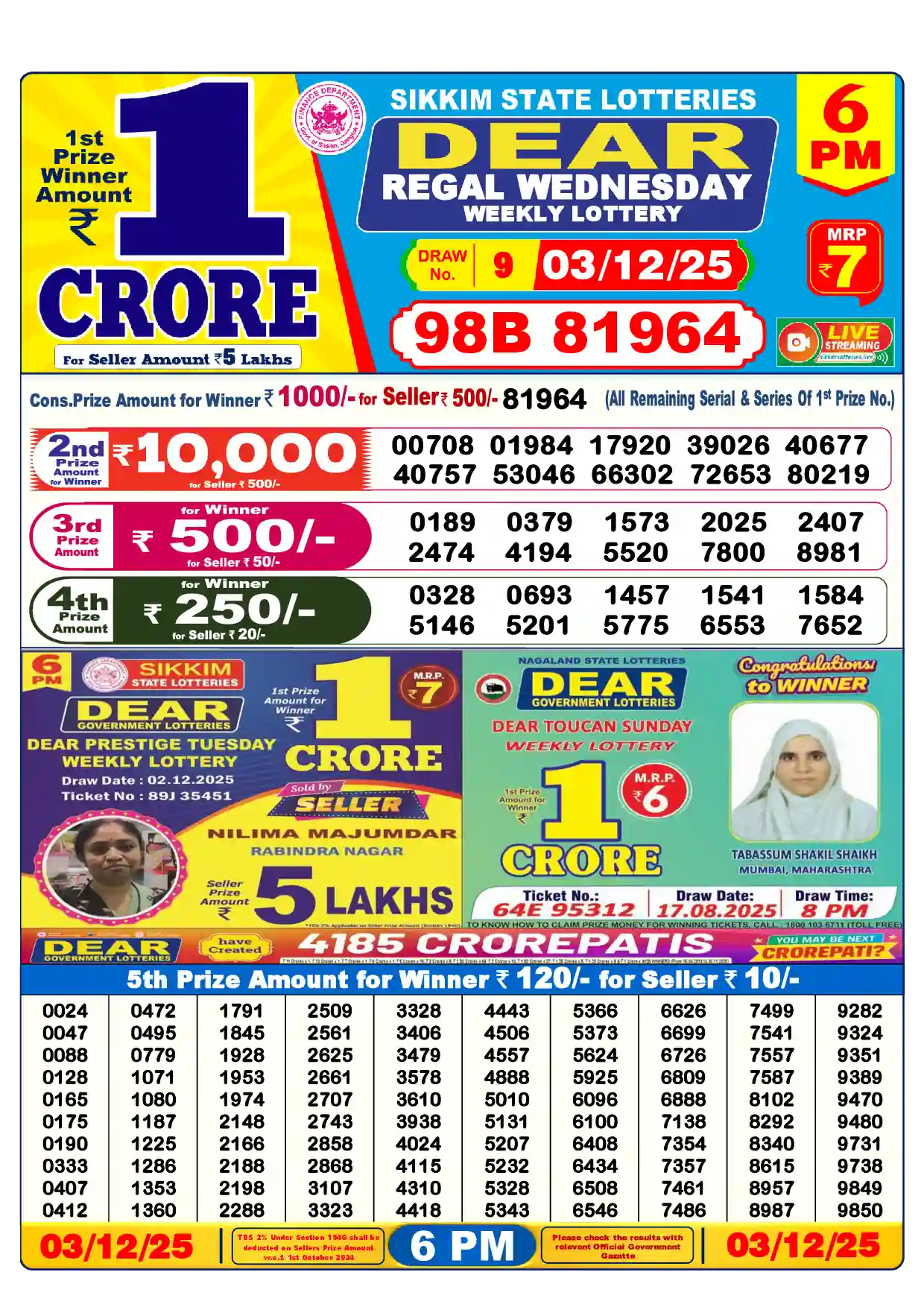 Sikkim State Dear Regal Wednesday lottery result 03.12.2025