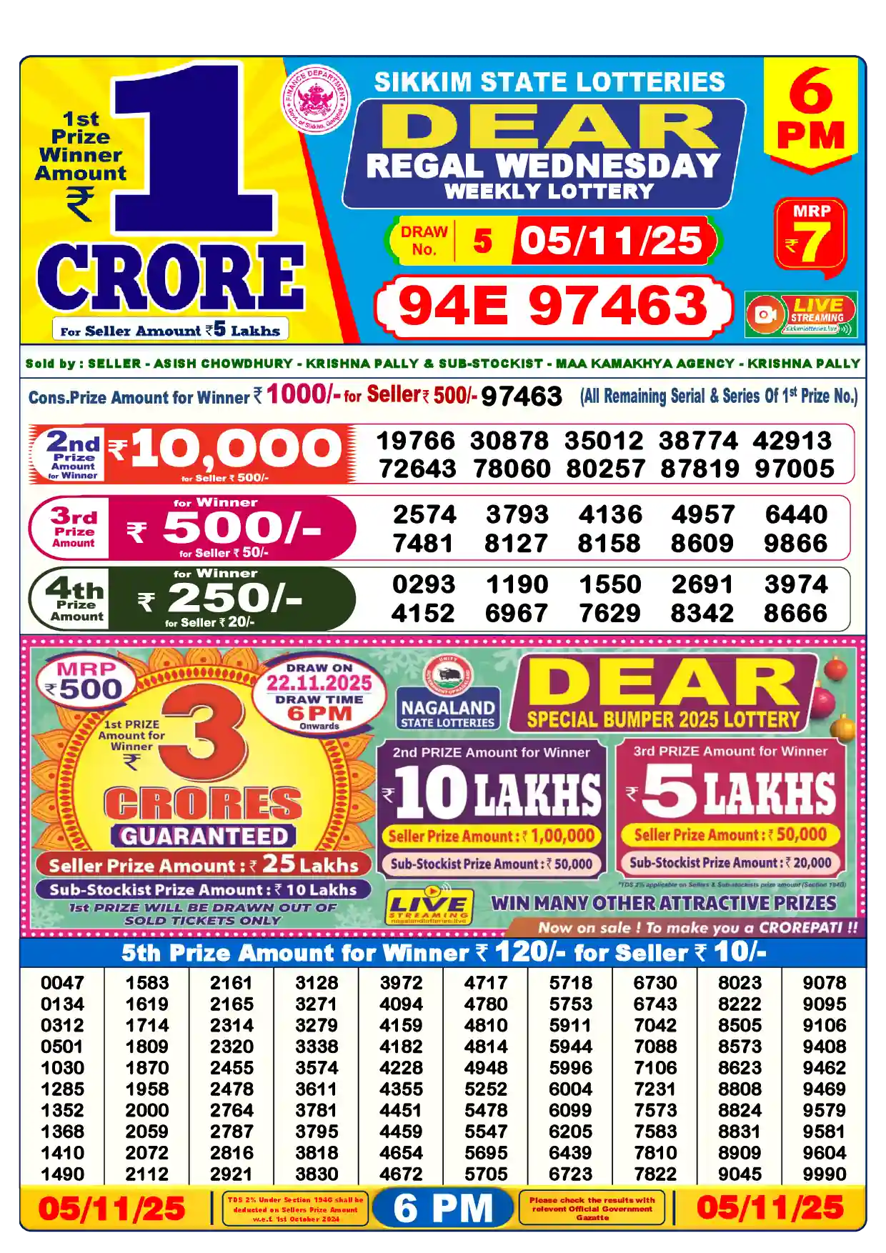 Sikkim State Dear Regal Wednesday lottery result 05.11.2025