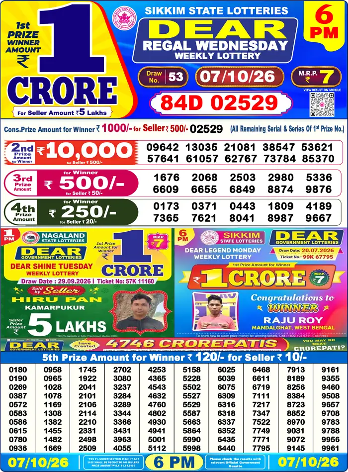 Sikkim State Dear Regal Wednesday lottery result 07.10.2026