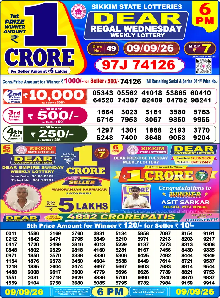 Sikkim State Dear Regal Wednesday lottery result 09.09.2026