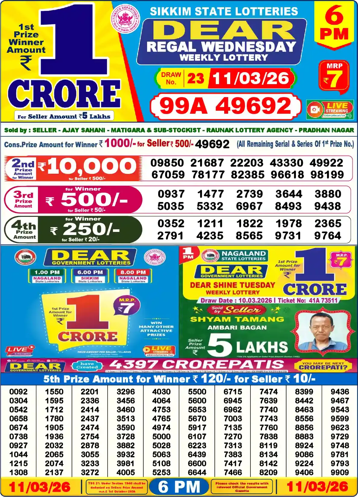 Sikkim State Dear Regal Wednesday lottery result 11.03.2026